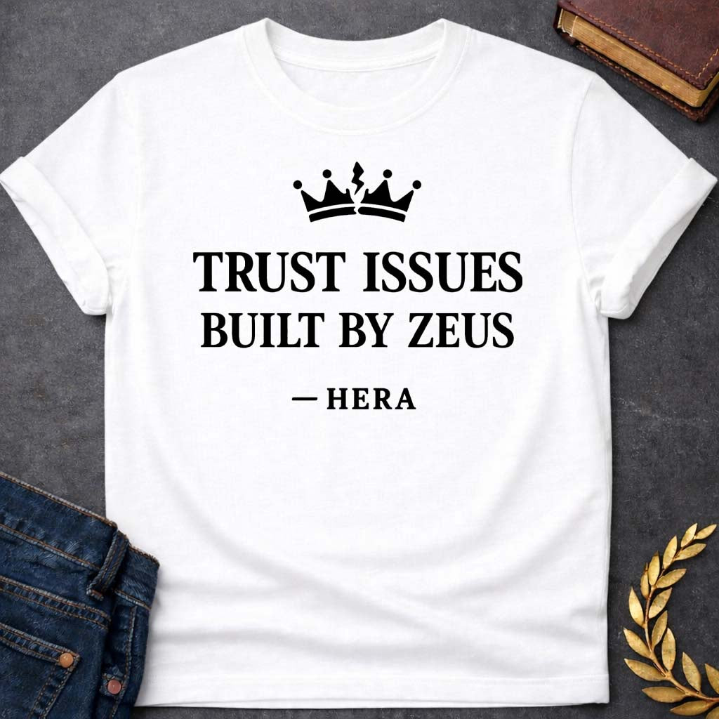 hera trust issues built by zeus greek mythology youth t shirt featuring lightning bolt, sky god power symbolism in bold Greek mythology design
