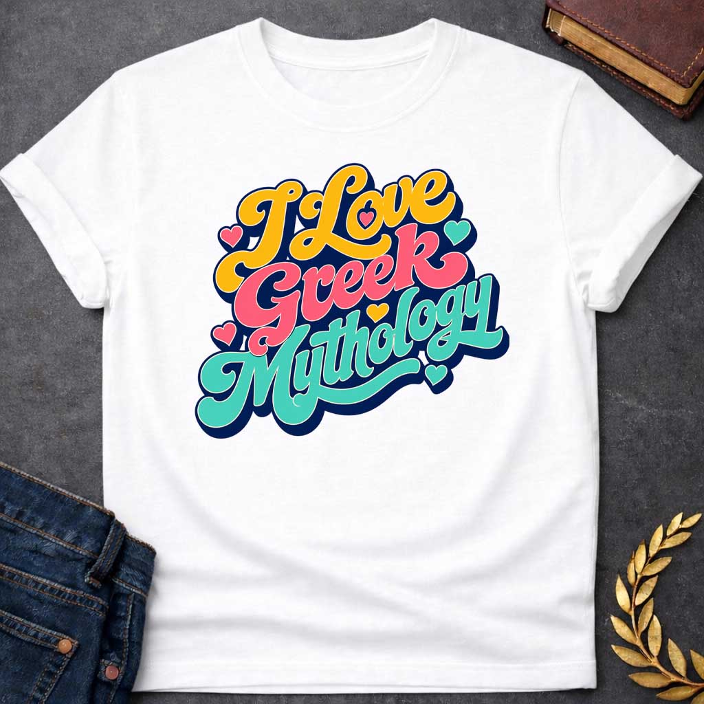 White t-shirt with a Colorful retro typography design featuring the phrase "I Love Greek Mythology" in bold, flowing script. Bright yellow, coral pink, and turquoise lettering is layered over a dark navy outline and surrounded by playful heart accents. The vibrant vintage-inspired design celebrates a love of Greek myths, gods, goddesses, heroes, and ancient legends.