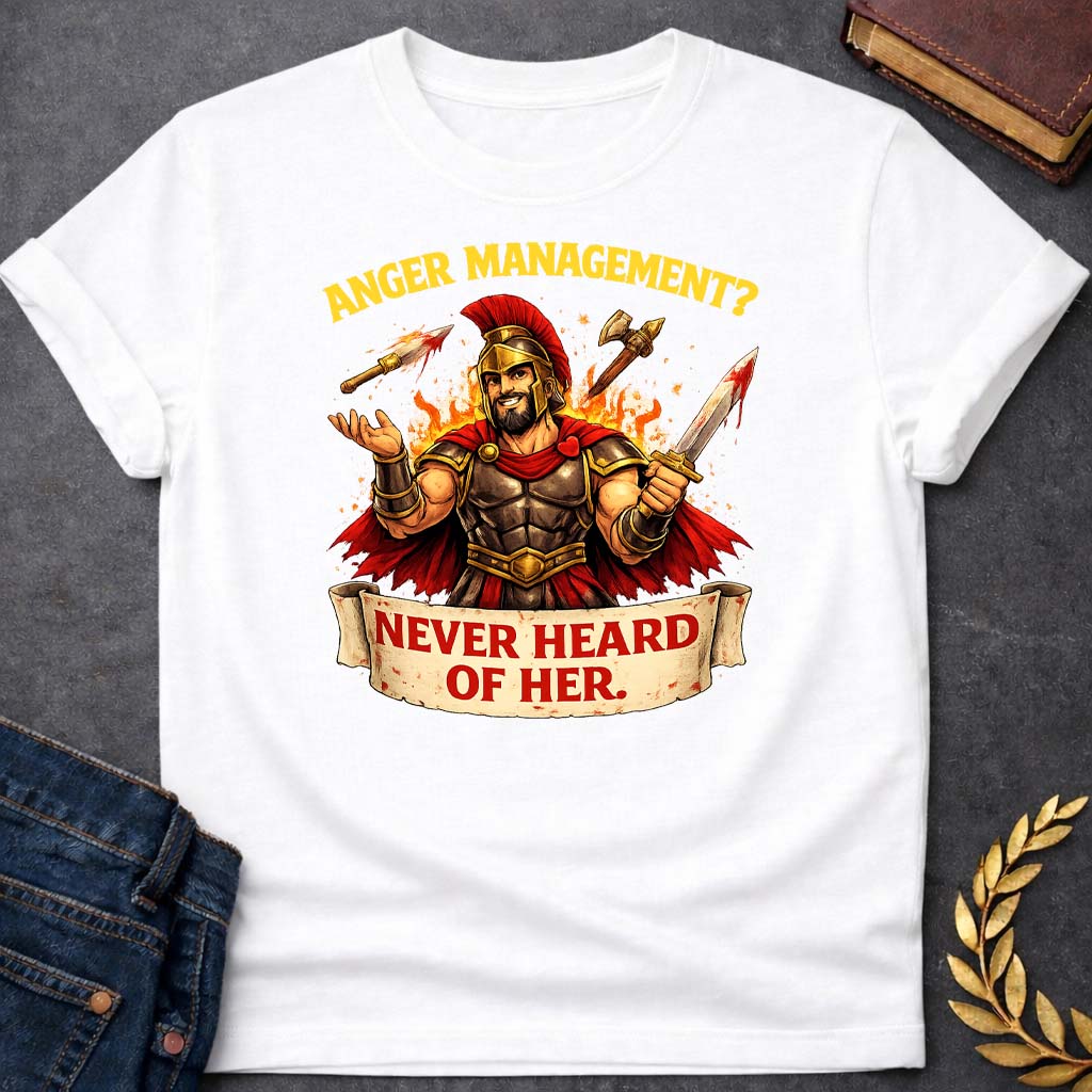 ares anger management never heard of her greek mythology youth heavy cotton™ tee featuring warrior armor, battle symbolism, god of war Greek mythology design