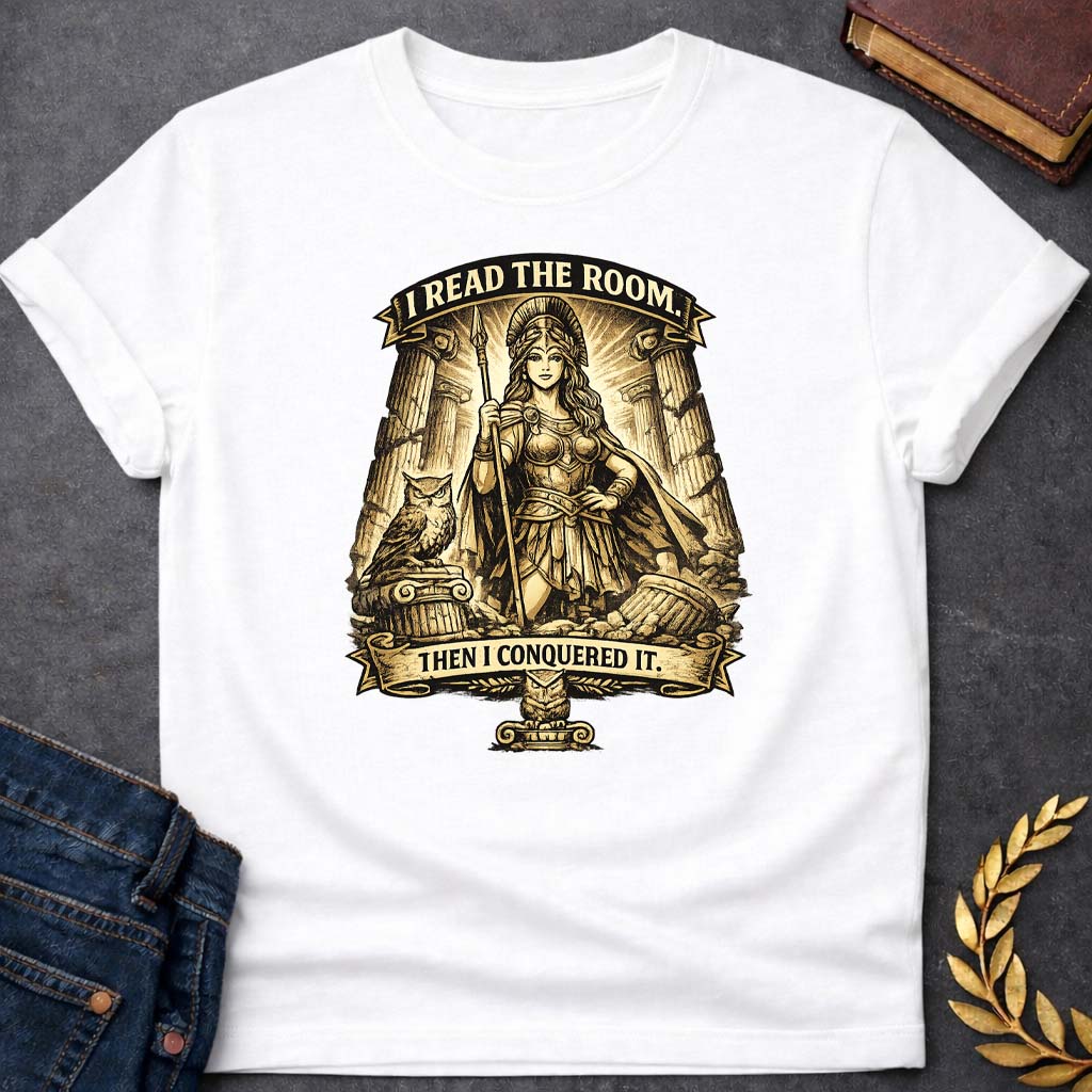 athena i read the room then i conquered it greek mythology youth t shirt featuring owl, laurel wreath, wisdom symbolism in vintage Greek mythology design