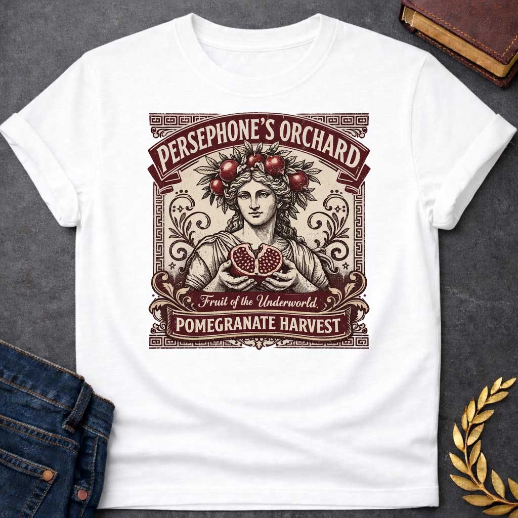 persephone orchard pomegranate harvest greek mythology adult shirt featuring pomegranate, underworld queen symbolism in dark floral mythology design