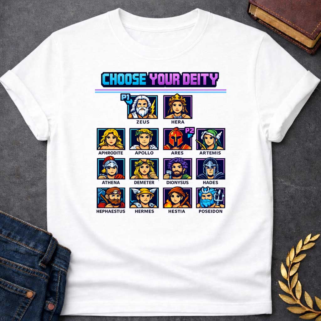 the olympians choose your deity greek mythology youth t shirt featuring detailed Greek mythology artwork, symbolic design, and bold graphic style