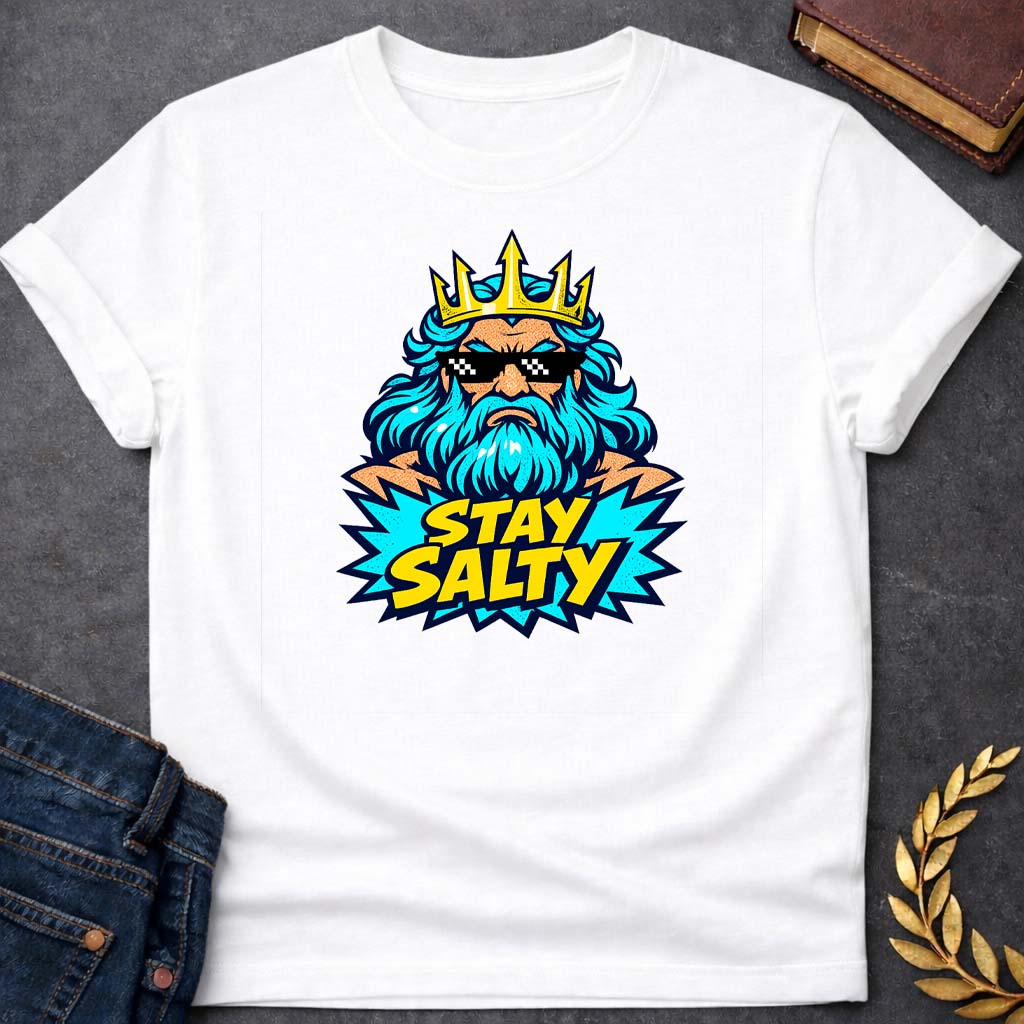 poseidon stay salty greek mythology youth t shirt 1 featuring trident, ocean waves, sea god symbolism in Greek mythology design