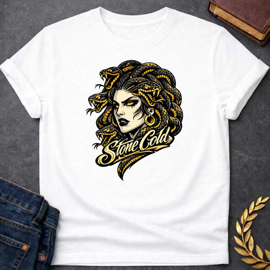 medusa stone cold greek mythology youth shirt featuring detailed Greek mythology artwork, symbolic design, and bold graphic style