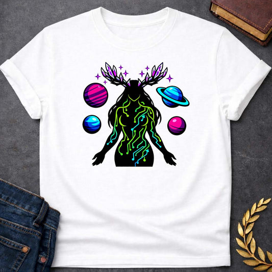gaia earth goddess greek mythology neon style youth shirt featuring detailed Greek mythology artwork, symbolic design, and bold graphic style