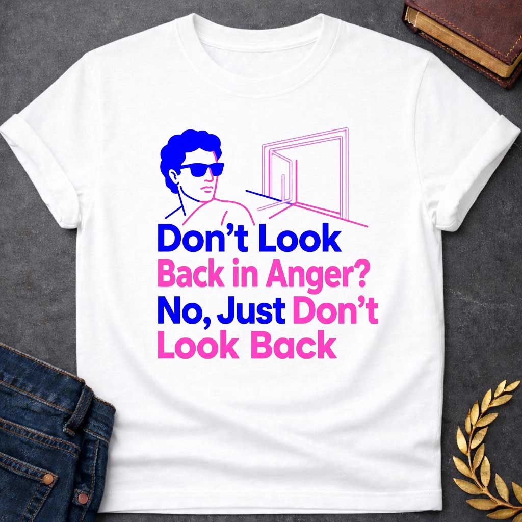 White t-shirt in bold retro pop-art line style: a blue-outlined man in sunglasses (Orpheus-inspired) faces away from a glowing pink doorway. Large stacked text below alternates between blue and pink lettering