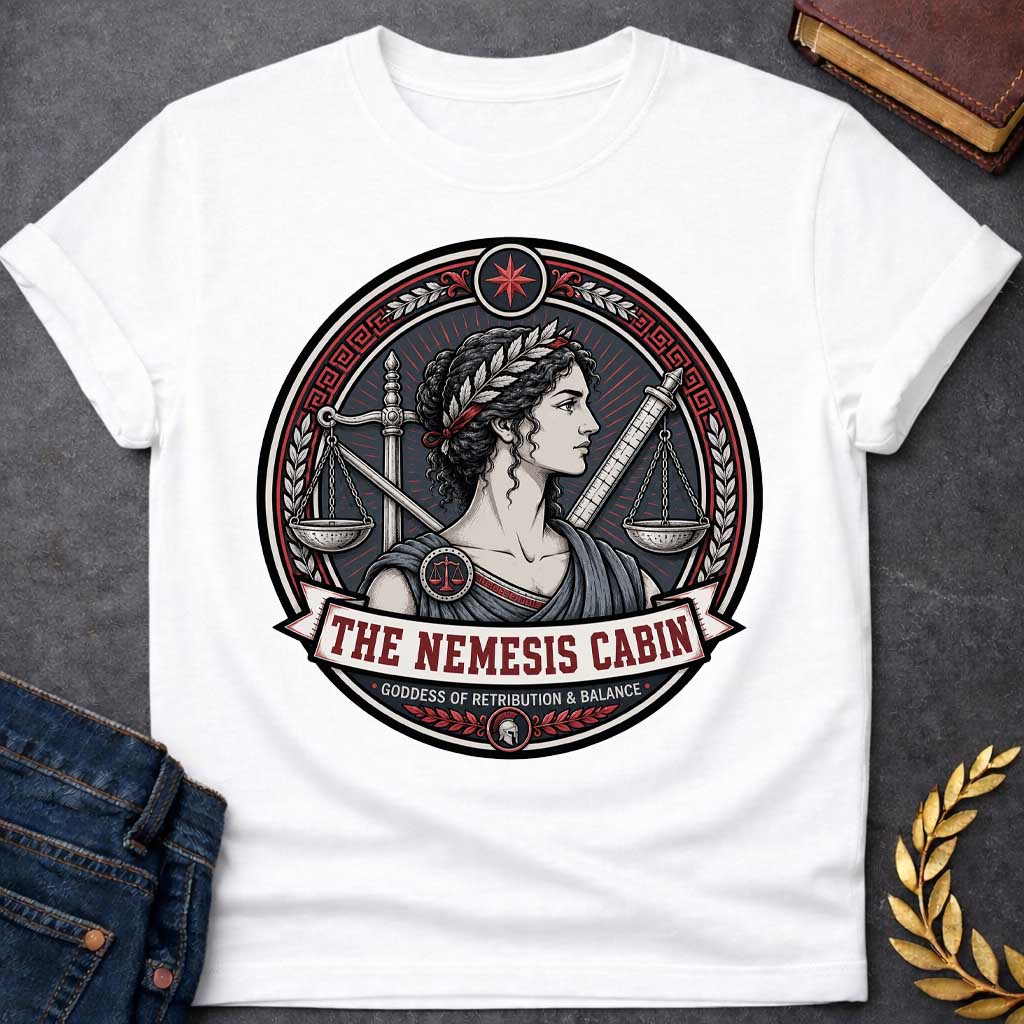White Nemesis Greek mythology cabin design featuring the goddess of retribution and balance in a detailed circular emblem. She wears a laurel crown and is surrounded by balanced scales, a sword, measuring rod, Greek key patterns, and red accents. Text reads “The Nemesis Cabin” and “Goddess of Retribution & Balance,”
