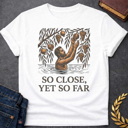 White t-shirt with A woodcut-style illustration. A bearded man stands waist-deep in rippling water, reaching both arms upward toward hanging fruit branches heavy with grapes and pomegranates just out of his grasp. Centered below the detailed linework illustration, bold, shadowed serif text reads "SO CLOSE, YET SO FAR"