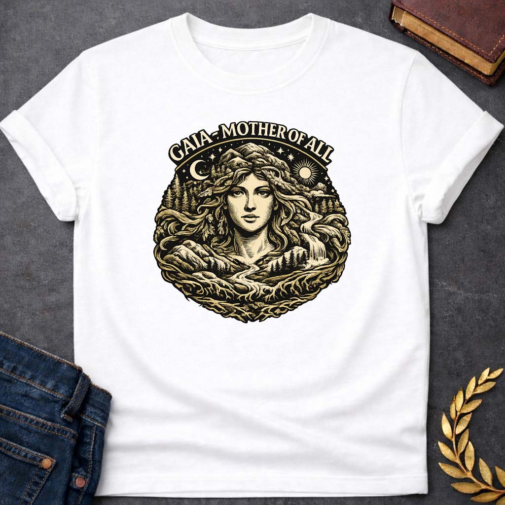 gaia mother of all greek mythology adult shirt featuring detailed Greek mythology artwork, symbolic design, and bold graphic style