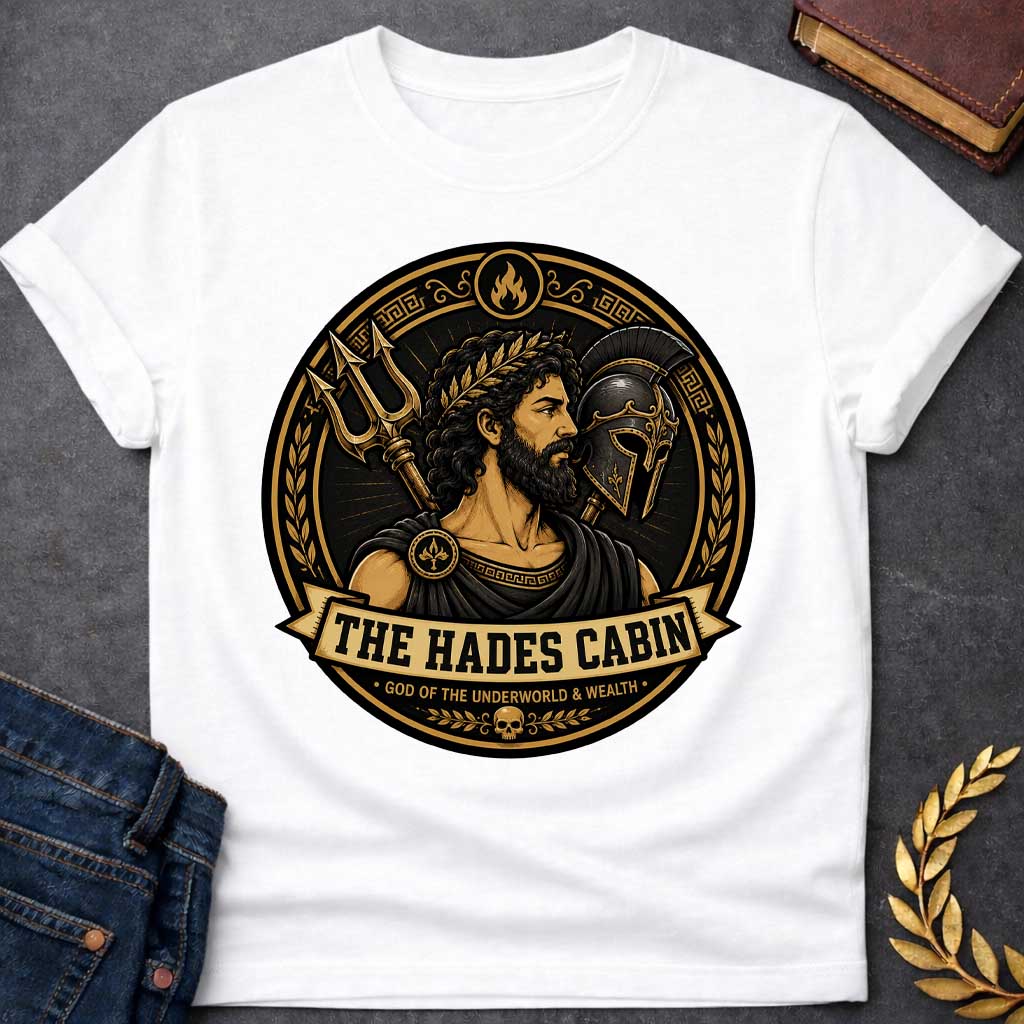 White t-shirt with a Hades Greek mythology cabin design featuring the bearded god of the Underworld wearing a laurel crown, surrounded by a golden bident, warrior helmet, flames, Greek key patterns, and a skull. Black and gold circular emblem includes the text “The Hades Cabin” and “God of the Underworld & Wealth,”