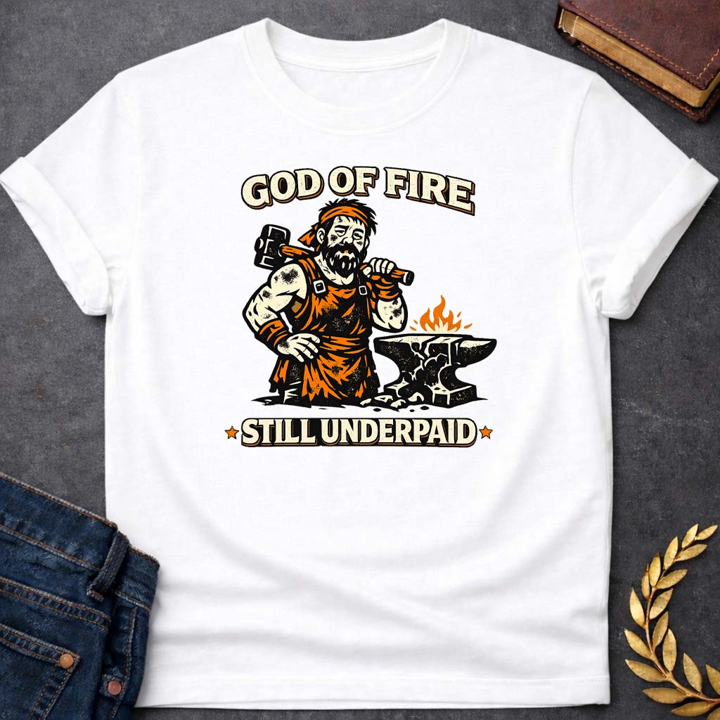 hephaestus god of fire still underpaid greek mythology youth t shirt featuring blacksmith hammer, forge sparks, fire god symbolism in industrial mythology design