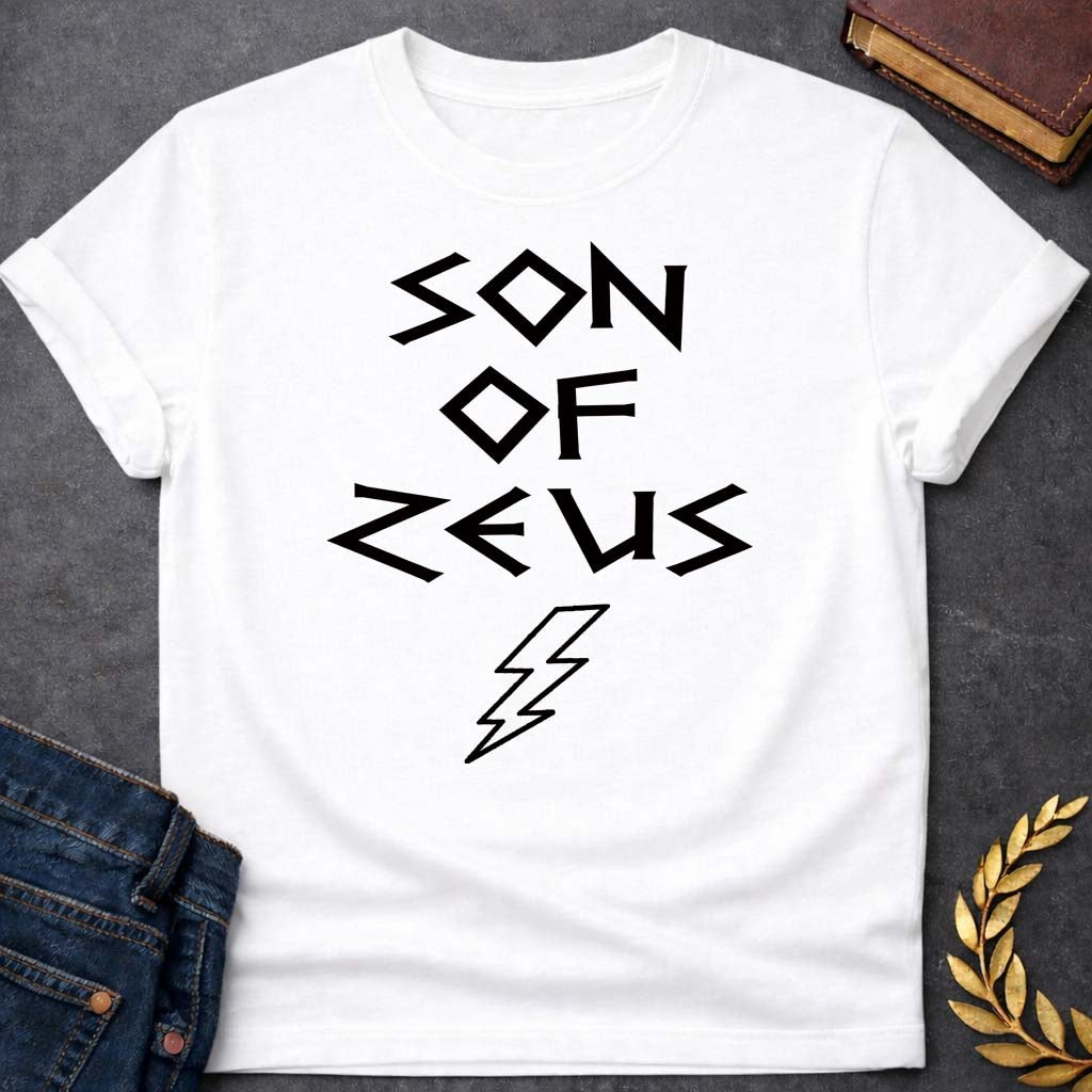 son of zeus greek mythology unisex softstyle adult t shirt featuring lightning bolt, sky god power symbolism in bold Greek mythology design