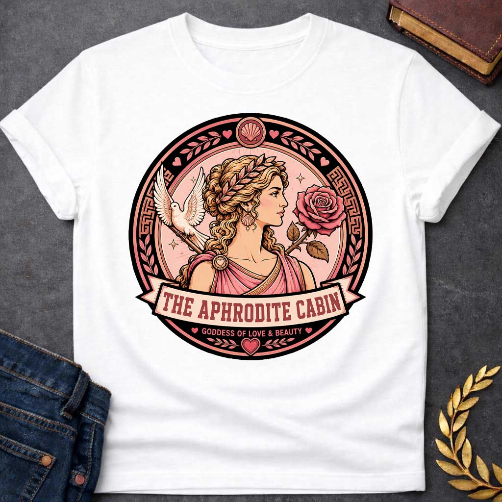 White t-shirt with a Aphrodite Greek mythology cabin design featuring the goddess of love and beauty in a pink robe and laurel crown, surrounded by a rose, white dove, hearts, seashells, and Greek key details. Circular pink and black emblem includes the text “The Aphrodite Cabin” and “Goddess of Love & Beauty,”