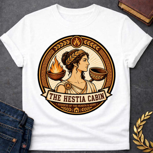 White t-shirt with a Hestia Greek mythology cabin design featuring the goddess of the hearth and home wearing a laurel crown and classical robes, framed by a burning hearth bowl, ceremonial vessel, flame symbols, laurel leaves, and Greek key patterns. Warm gold and brown circular emblem includes the text “The Hestia Cabin” and “Goddess of the Hearth & Home,”
