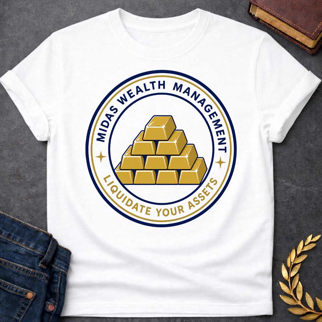 White t-shirt with A Corporate-style Greek mythology design featuring a circular emblem with stacked gold bars at the center and the humorous text "Midas Wealth Management" across the top and "Liquidate Your Assets" along the bottom. Inspired by the legend of King Midas, the clean badge design uses navy blue, metallic gold, and white for a polished, finance-themed parody graphic.