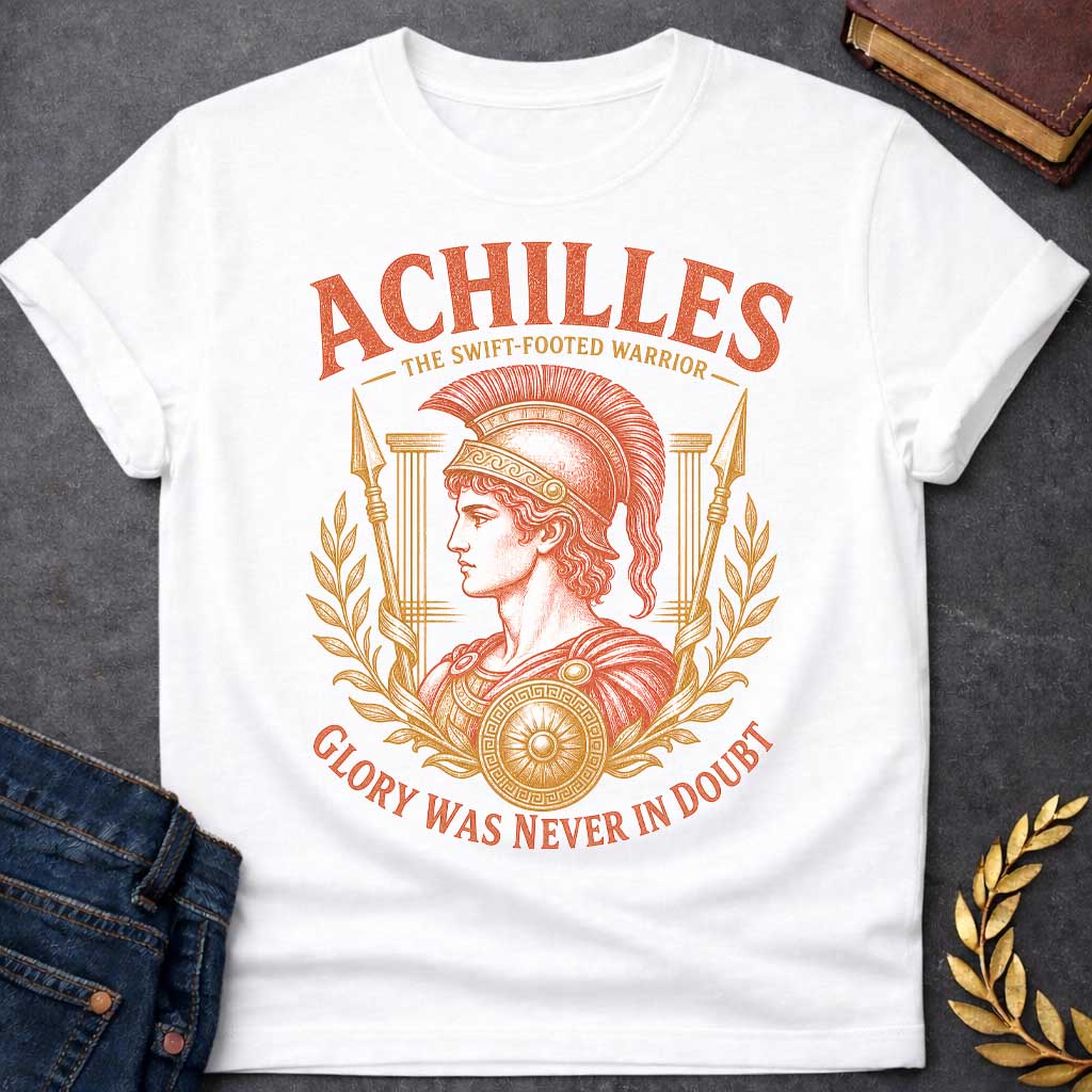 White t-shirt with a Vintage Greek mythology design featuring Achilles in a detailed warrior helmet and armor, framed by laurel branches, spears, Greek columns, and a decorated shield. Bold text reads "Achilles – The Swift-Footed Warrior" and "Glory Was Never in Doubt." The orange and gold engraving-style artwork celebrates the legendary hero of the Trojan War.
