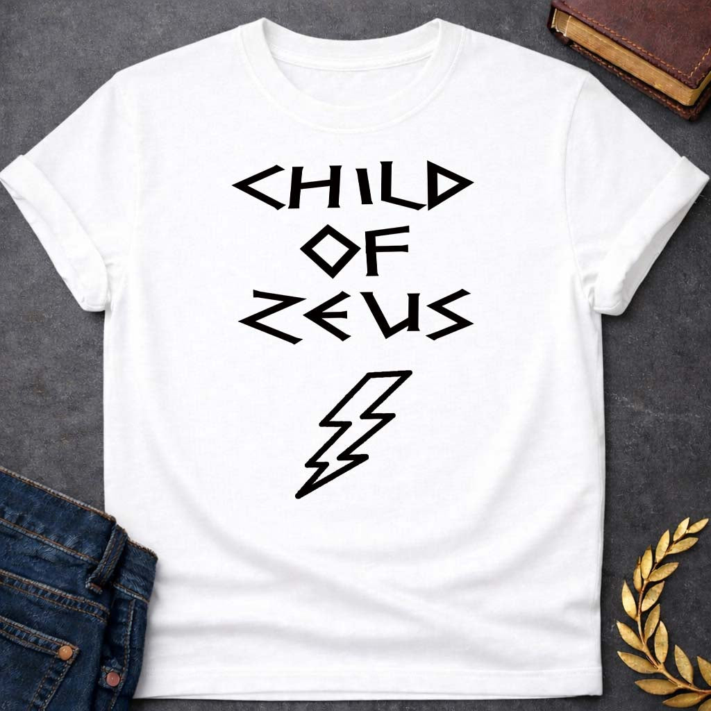 child of zeus greek mythology unisex softstyle adult t shirt featuring lightning bolt, sky god power symbolism in bold Greek mythology design