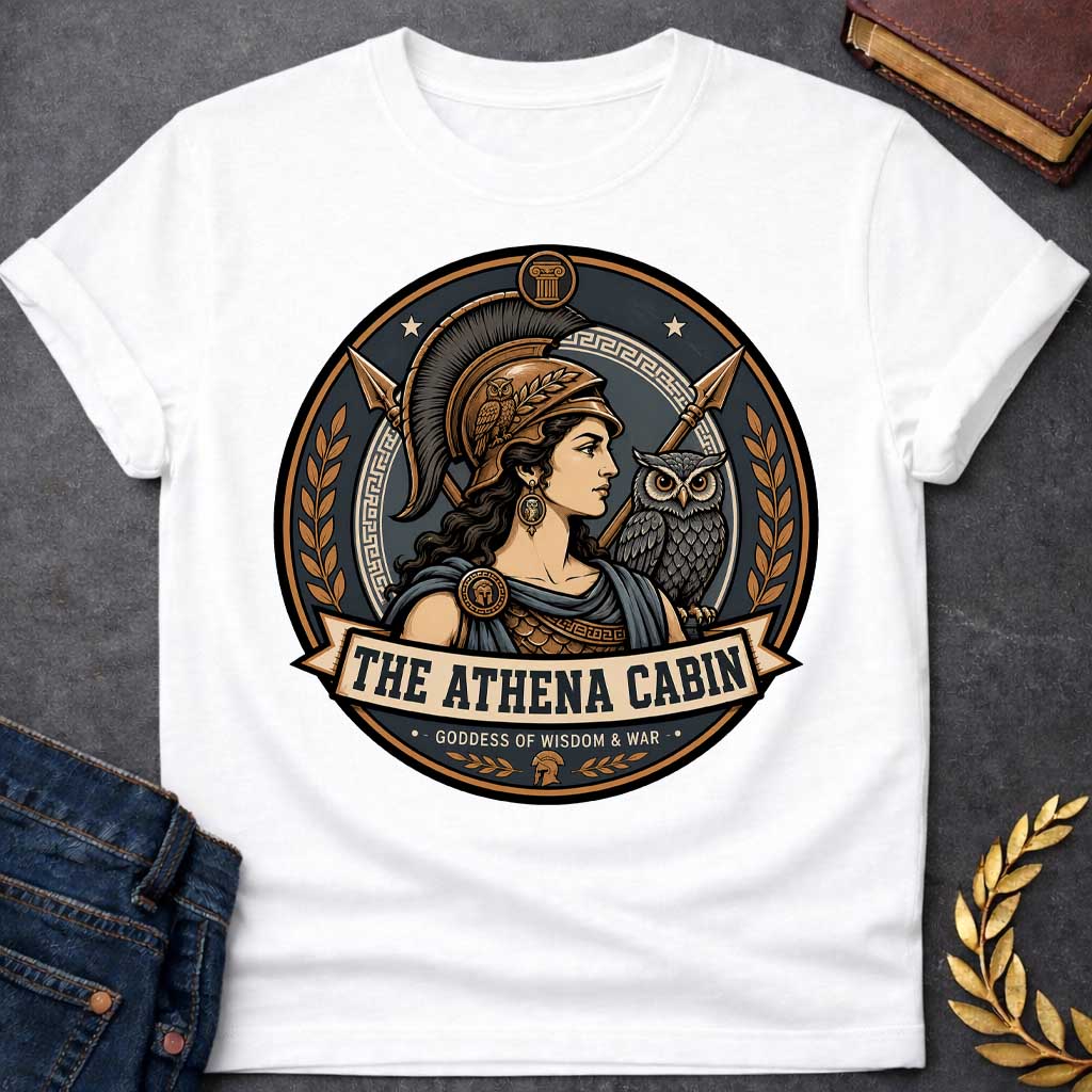 White t-shirt with a Athena Greek mythology cabin design featuring the goddess of wisdom and war in a bronze warrior helmet, accompanied by her sacred owl and crossed spears. Bronze, charcoal, and cream circular camp-style emblem features Greek key details, laurel branches, and the text “The Athena Cabin” and “Goddess of Wisdom & War.”