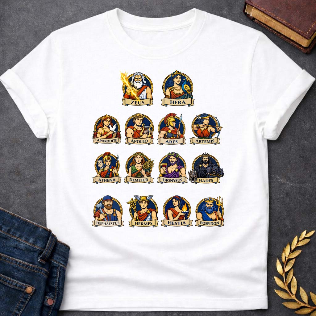 the olympians portraits greek mythology adult t shirt featuring detailed Greek mythology artwork, symbolic design, and bold graphic style