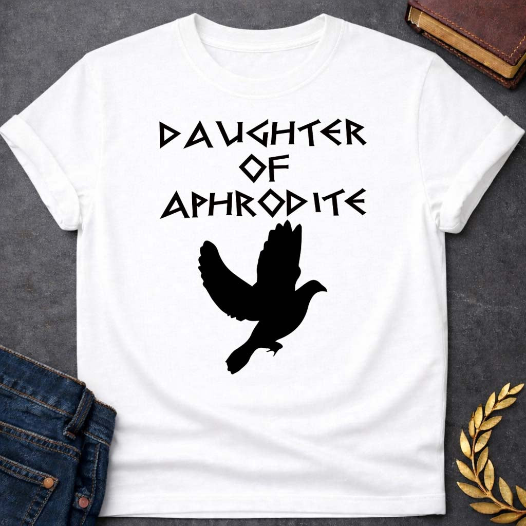 daughter of aphrodite unisex softstyle adult t shirt featuring detailed Greek mythology artwork, symbolic design, and bold graphic style