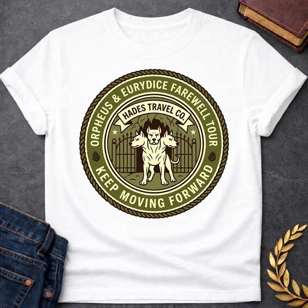 White t-shirt in vintage travel-badge style: three-headed Cerberus stands guard before an underworld cave gate. Olive green and cream circular design with rope border reads "Orpheus & Eurydice Farewell Tour" above and "Keep Moving Forward" below, with pinecone icons and stars flanking the scene.