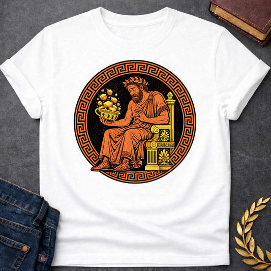White t-shirt with A Vintage Greek pottery-inspired design featuring King Midas seated on an ornate throne, looking anxiously at a golden cup overflowing with sparkling gold bars. Framed by a classic Greek key border, the artwork uses traditional terracotta, black, and gold colors to depict the legendary king's cursed golden touch in an ancient Greek vase painting style.