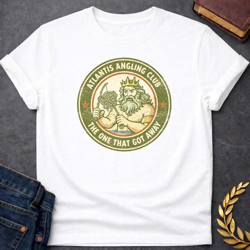 poseidon atlantis angling club greek mythology youth t shirt featuring trident, ocean waves, sea god symbolism in Greek mythology design