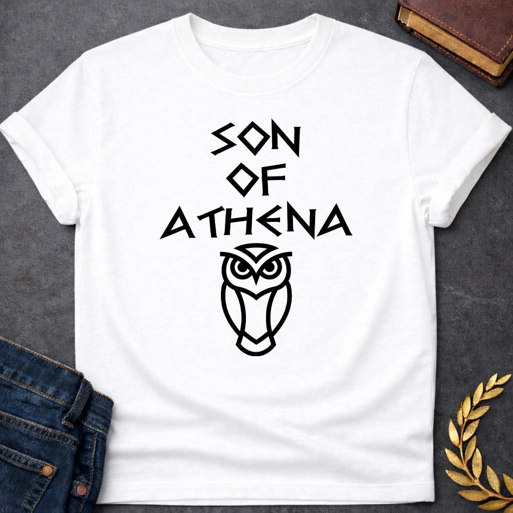 son of athena greek mythology unisex softstyle adult t shirt featuring owl, laurel wreath, wisdom symbolism in vintage Greek mythology design