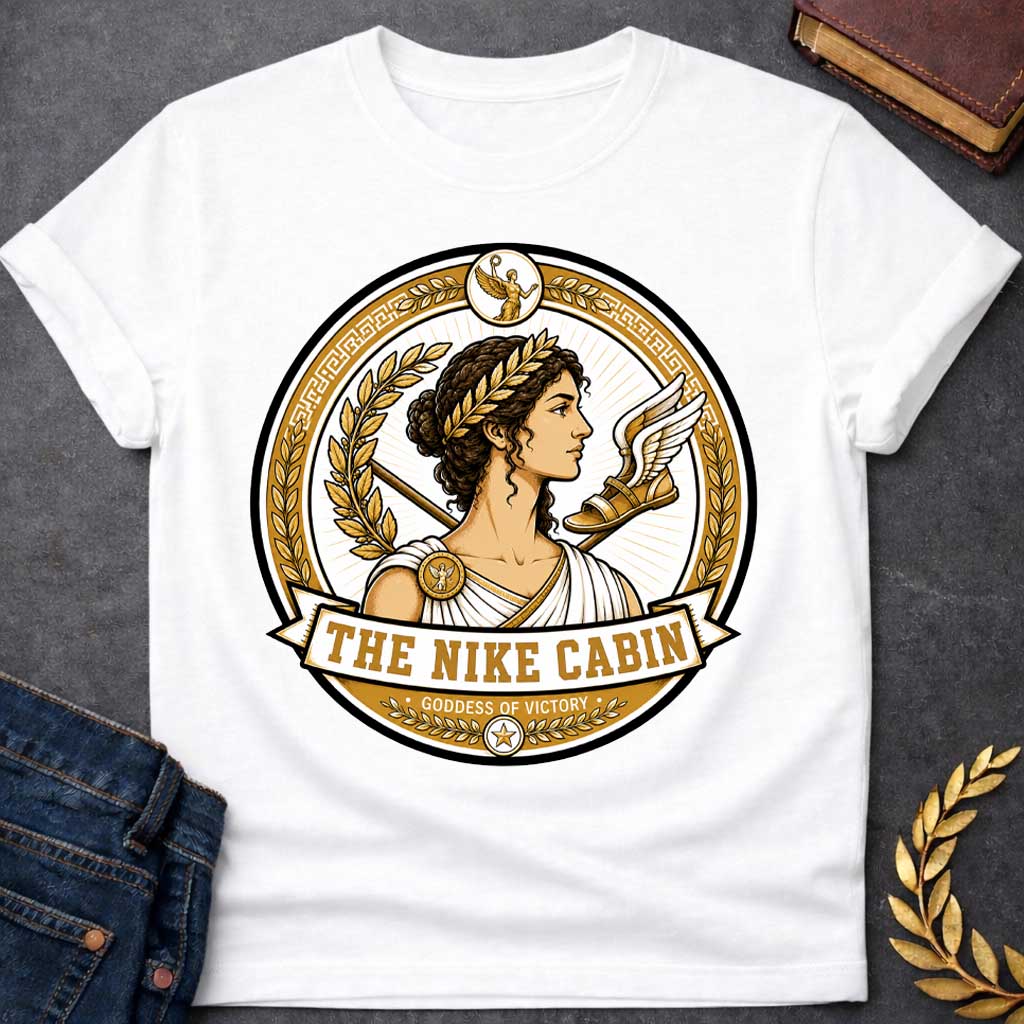 White t-shirt with a Nike Greek mythology cabin design featuring the goddess of victory in a detailed gold and white circular emblem. Nike wears a laurel crown and classical robes, surrounded by golden laurel branches, a spear, winged sandal, Greek key patterns, and victory symbols. Text reads “The Nike Cabin” and “Goddess of Victory,”