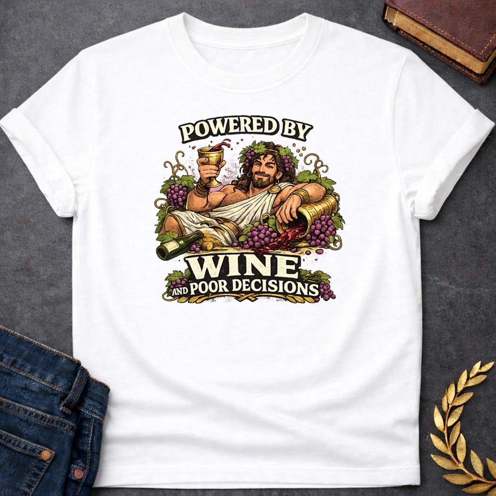 dionysus powered by wine and poor decisions greek mythology adult t shirt featuring detailed Greek mythology artwork, symbolic design, and bold graphic style