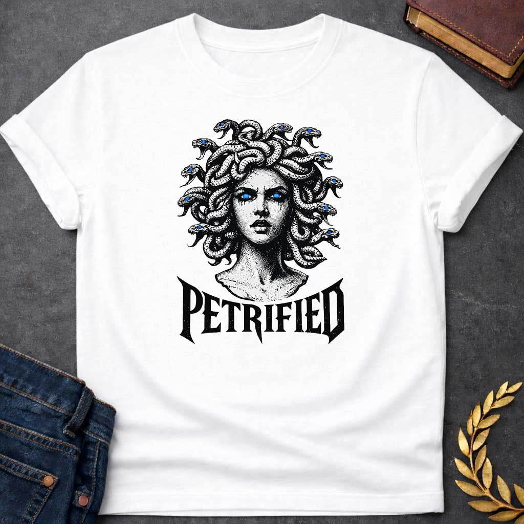 medusa petrified greek mythology youth shirt featuring detailed Greek mythology artwork, symbolic design, and bold graphic style