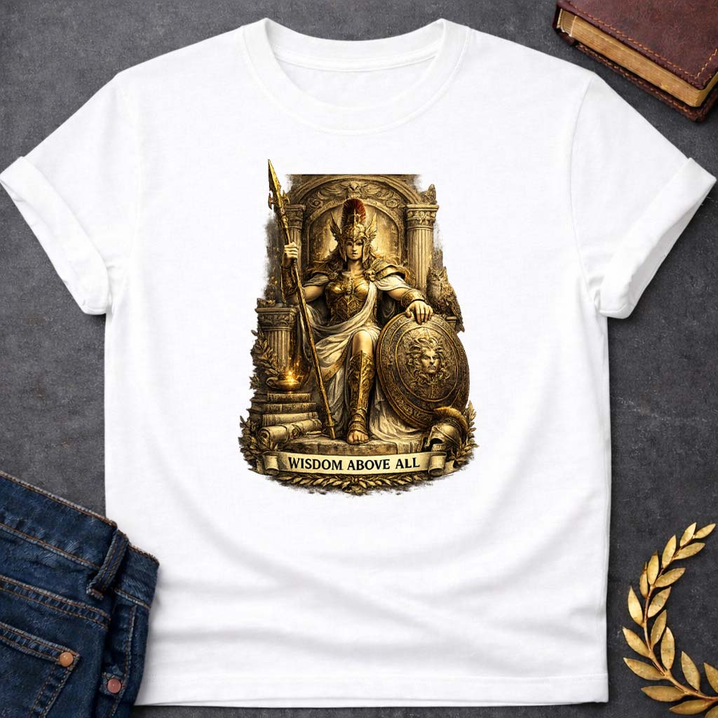 athena wisdom above all greek mythology kids heavy cotton™ tee featuring owl, laurel wreath, wisdom symbolism in vintage Greek mythology design