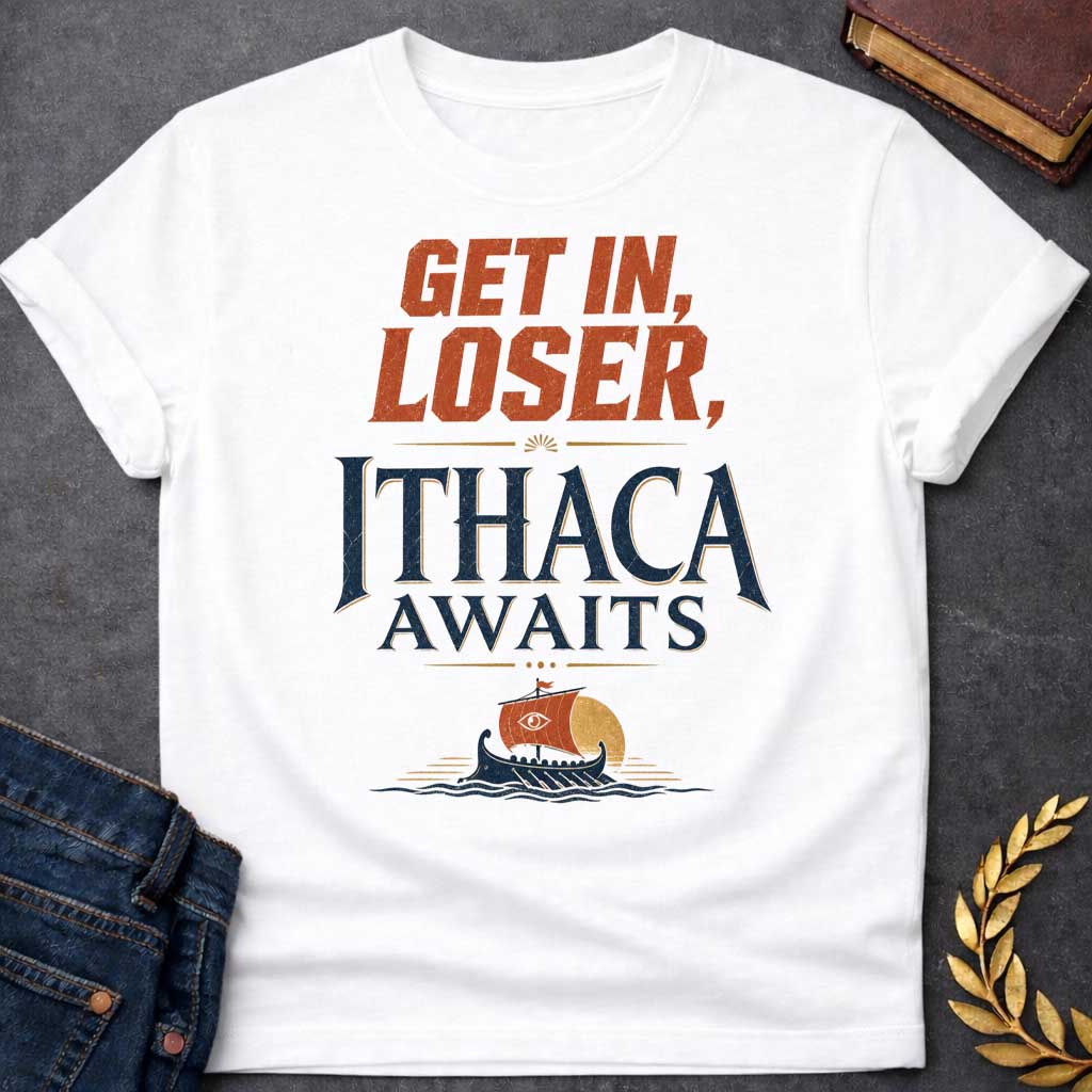 White t-shirt with a Funny Greek mythology design inspired by The Odyssey, featuring bold distressed text reading "Get In, Loser, Ithaca Awaits." A small ancient Greek ship sails beneath a golden sun, creating a playful twist on Odysseus' legendary voyage home to Ithaca. Vintage navy, terracotta, and gold colors complete the adventurous design.