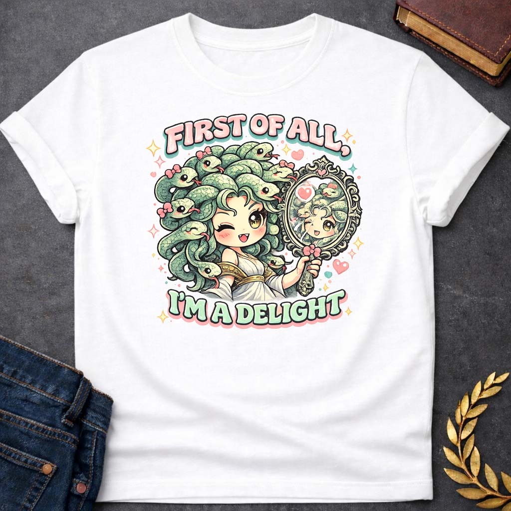 medusa first of all im a delight kawaii style greek mythology adult shirt featuring detailed Greek mythology artwork, symbolic design, and bold graphic style