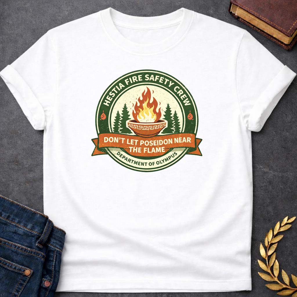 hestia fire safety crew greek mythology youth t shirt featuring detailed Greek mythology artwork, symbolic design, and bold graphic style
