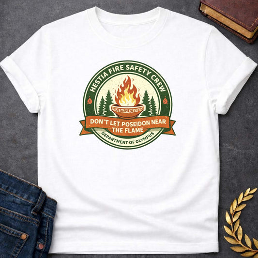 hestia fire safety crew greek mythology youth t shirt featuring detailed Greek mythology artwork, symbolic design, and bold graphic style