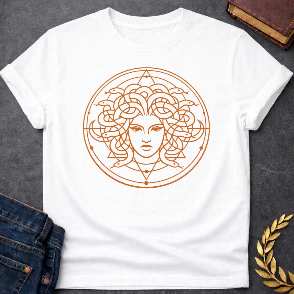 medusa minimalist style greek mythology adult shirt featuring detailed Greek mythology artwork, symbolic design, and bold graphic style