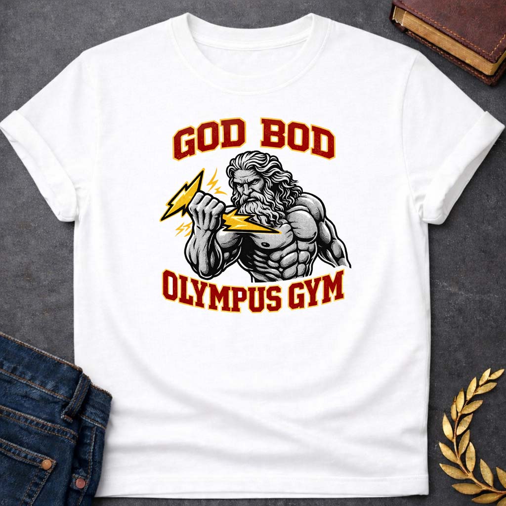 zeus god bod olympus gym greek mythology youth t shirt featuring lightning bolt, sky god power symbolism in bold Greek mythology design