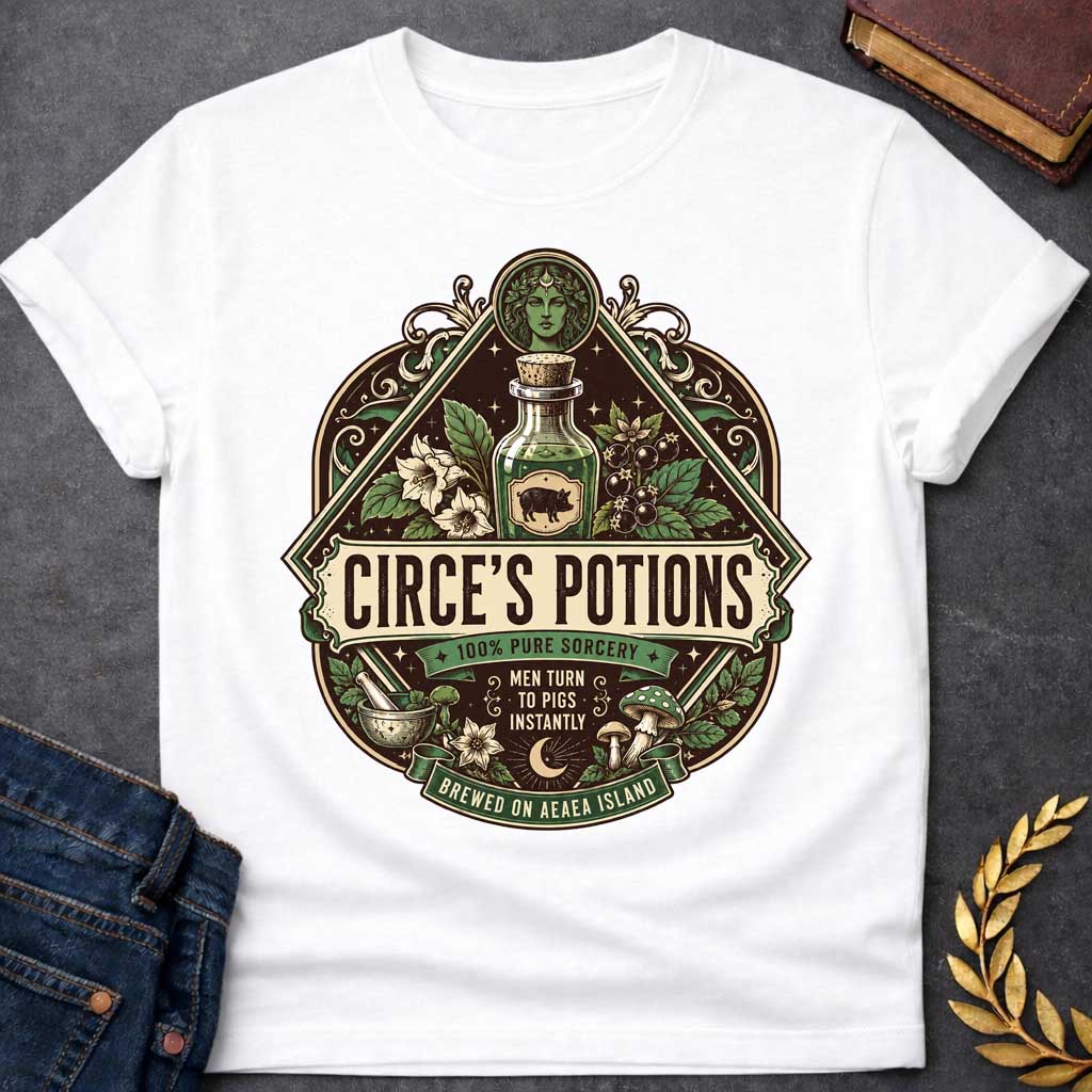 White T-shirt with an ornate, vintage apothecary-style t-shirt graphic for "circe's potions.jpg". At the top, a portrait of the goddess Circe sits above a glass potion bottle featuring a pig label, surrounded by magical herbs. A central banner reads "CIRCE'S POTIONS" in a bold serif font. Additional labels read "100% PURE SORCERY," "MEN TURN TO PIGS INSTANTLY," and "BREWED ON AEAEA ISLAND" amidst a mortar, pestle, and mushrooms