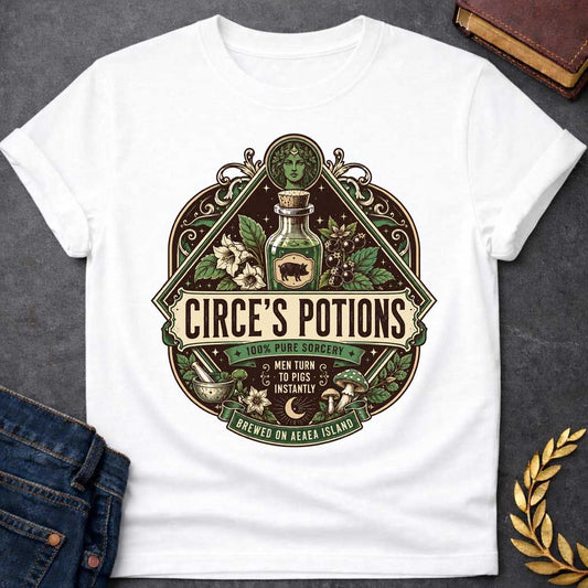White T-shirt with an ornate, vintage apothecary-style t-shirt graphic for "circe's potions.jpg". At the top, a portrait of the goddess Circe sits above a glass potion bottle featuring a pig label, surrounded by magical herbs. A central banner reads "CIRCE'S POTIONS" in a bold serif font. Additional labels read "100% PURE SORCERY," "MEN TURN TO PIGS INSTANTLY," and "BREWED ON AEAEA ISLAND" amidst a mortar, pestle, and mushrooms