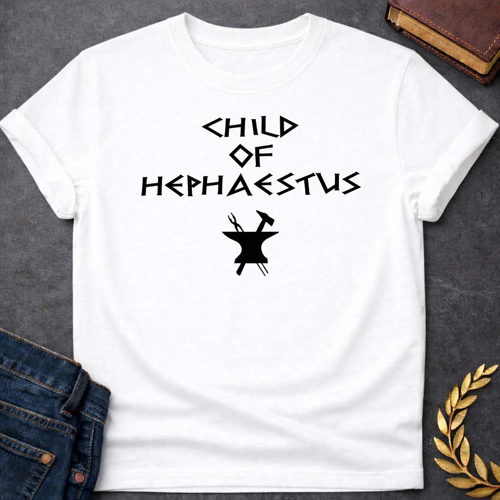 child of hephaestus greek mythology unisex softstyle adult t shirt featuring blacksmith hammer, forge sparks, fire god symbolism in industrial mythology design