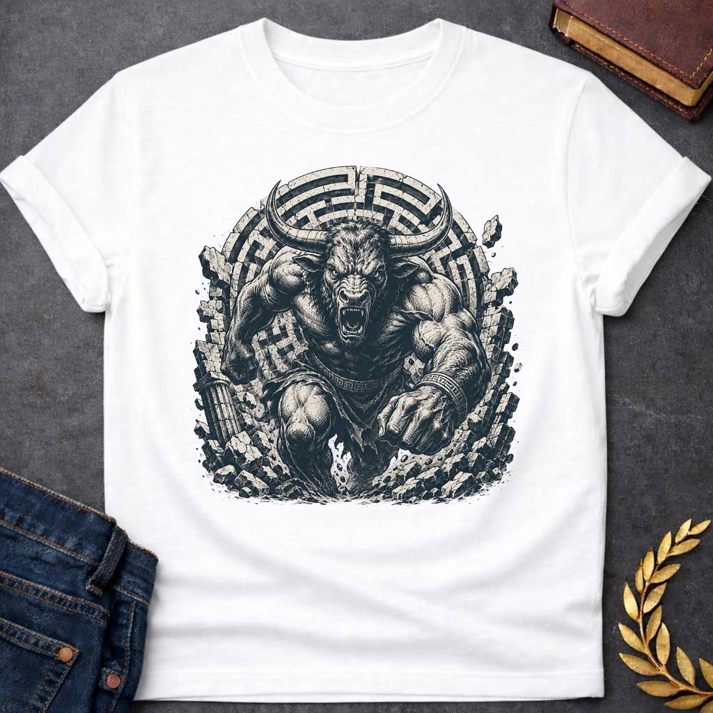 White T-shirt with An intense, detailed engraving-style graphic. A powerful, muscular Minotaur with sharp horns and a roaring, ferocious expression bursts forward through a crumbling stone wall. In the background, a large circular labyrinth pattern frames the beast. The character wears ancient Greek-patterned arm bands and a loincloth, captured in a gritty, high-contrast black and white aesthetic