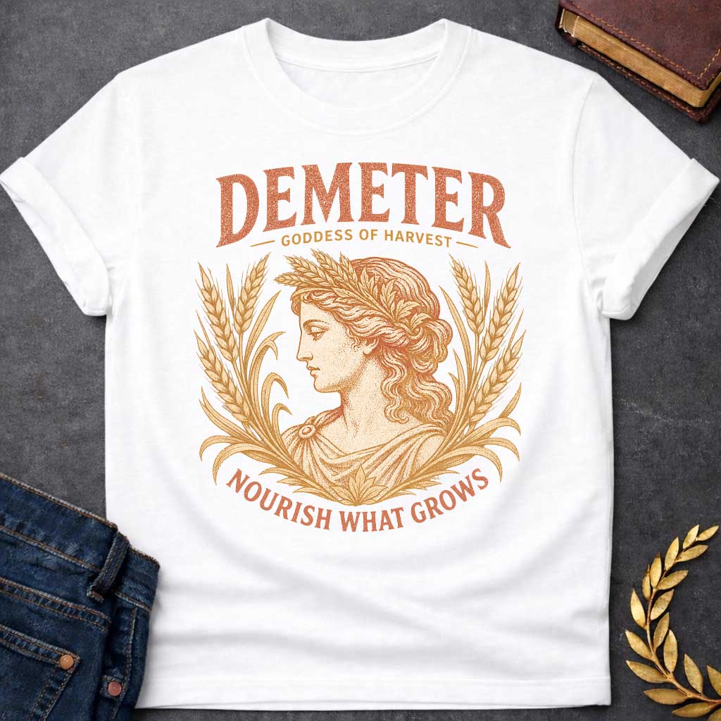 White t-shirt with a Vintage Greek mythology design featuring Demeter, goddess of harvest, framed by golden wheat and grain. Distressed coral and gold artwork shows the goddess wearing a wheat crown with the text “Demeter Goddess of Harvest” and “Nourish What Grows,” celebrating nature, agriculture, and abundance.