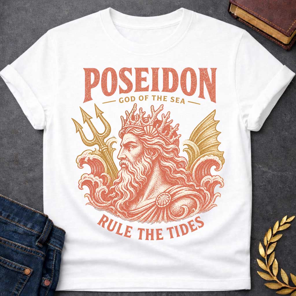 White t-shirt with a Vintage Poseidon Greek mythology design featuring the powerful god of the sea with a flowing beard, coral crown, trident, and crashing ocean waves. Distressed terracotta and gold artwork includes the bold text “Poseidon,” “God of the Sea,” and “Rule the Tides,” creating a classic ancient Greek inspired nautical design.