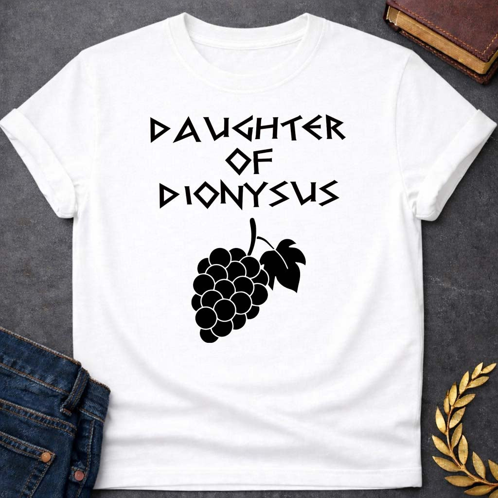 daughter of dionysus unisex softstyle adult t shirt featuring detailed Greek mythology artwork, symbolic design, and bold graphic style