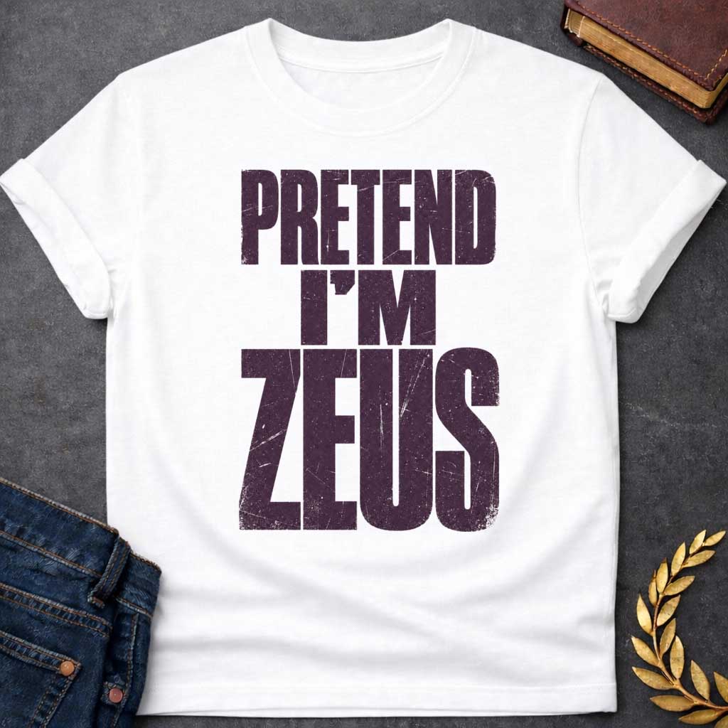 White t-shirt with a Pretend I’m Zeus Greek mythology design featuring bold distressed dark purple typography on a transparent background. The stacked text reads “PRETEND I’M ZEUS” in a rugged vintage block font, creating a humorous design inspired by Zeus, king of the Greek gods and god of the sky, thunder, and lightning.