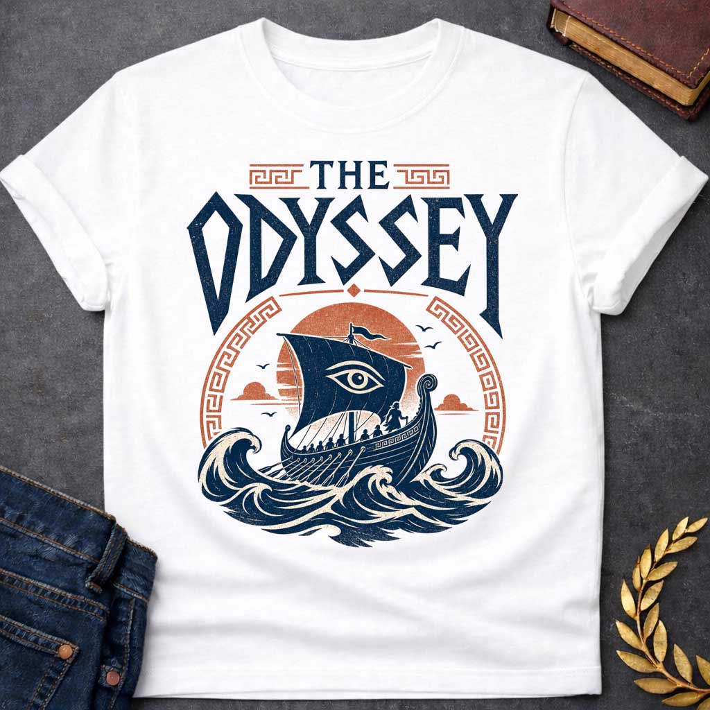 White t-shirt with a Vintage Greek mythology design inspired by The Odyssey, featuring Odysseus and his crew sailing an ancient Greek ship across powerful ocean waves. A watchful eye decorates the sail, framed by a setting sun and Greek key motifs. Bold distressed lettering reads "The Odyssey," capturing the legendary voyage, adventure, and trials of Odysseus.
