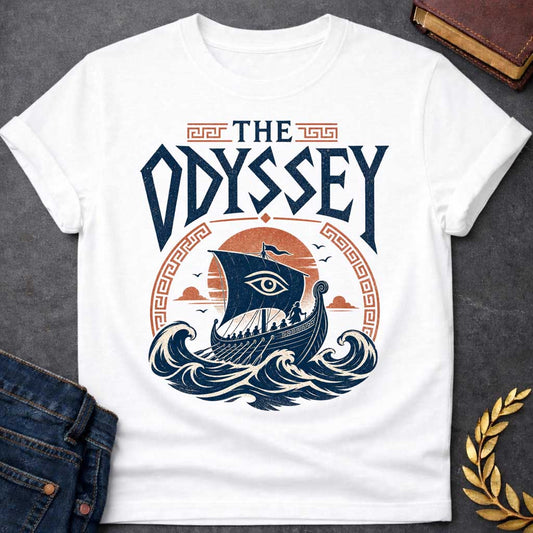 White t-shirt with a Vintage Greek mythology design inspired by The Odyssey, featuring Odysseus and his crew sailing an ancient Greek ship across powerful ocean waves. A watchful eye decorates the sail, framed by a setting sun and Greek key motifs. Bold distressed lettering reads "The Odyssey," capturing the legendary voyage, adventure, and trials of Odysseus.