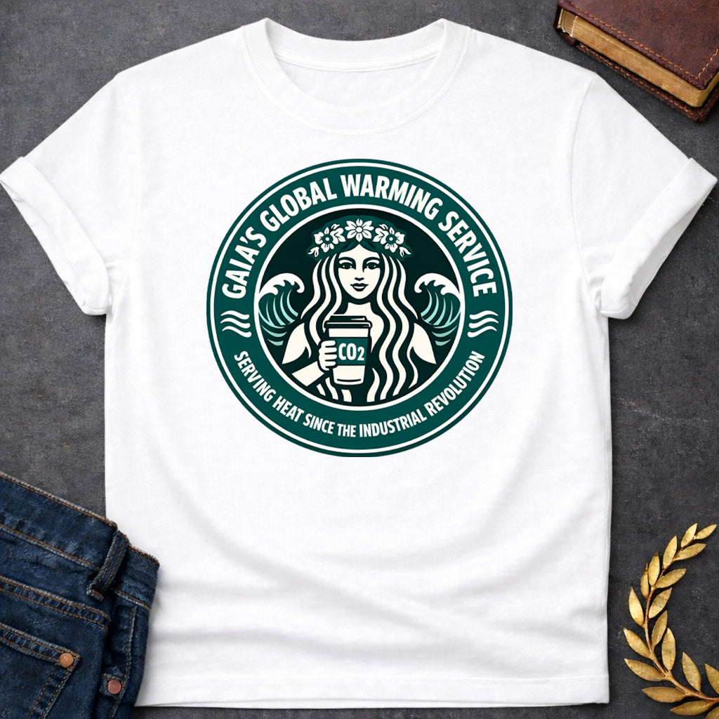 gaia global warming service greek mythology adult shirt featuring detailed Greek mythology artwork, symbolic design, and bold graphic style