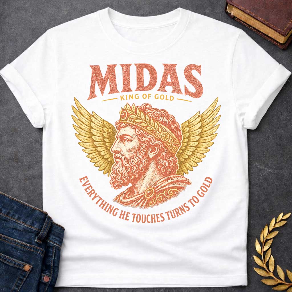 White t-shirt with a Vintage King Midas Greek mythology design featuring a regal bearded portrait wearing an ornate golden crown, framed by large gold wings. Distressed terracotta and gold artwork includes the text “Midas,” “King of Gold,” and “Everything He Touches Turns to Gold,” inspired by the legendary Midas touch.